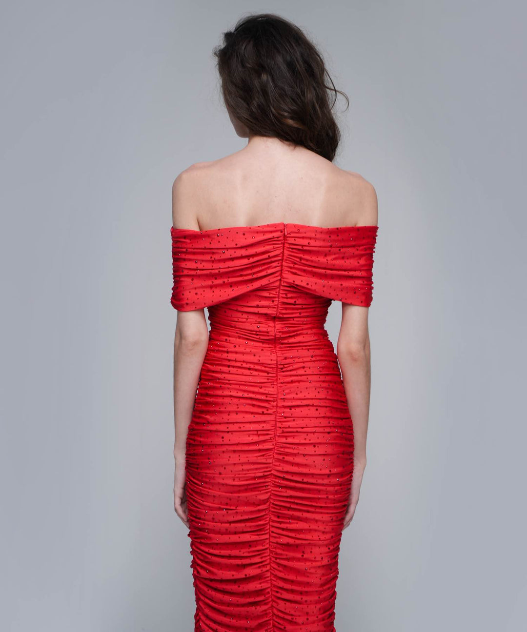 IREN, MIDI DRESS MADE OF RED BIFLEX WITH RHINESTONES