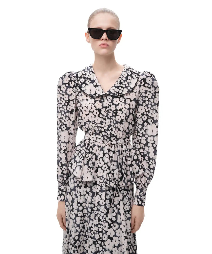 ROSETTA, BLACK CREPE DE CHINE BLOUSE WITH MEDIUM MILKY FLOWERS