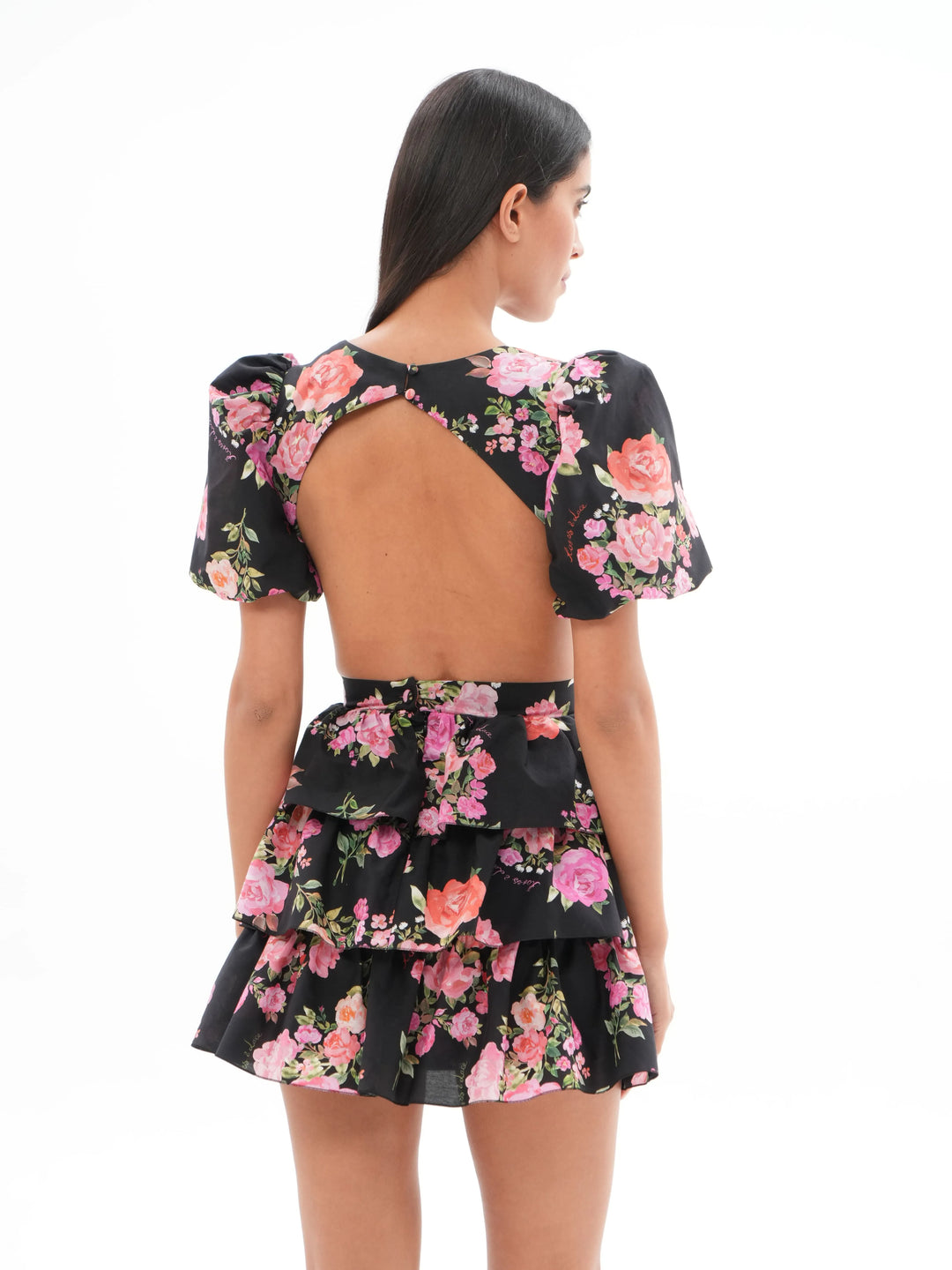 SORELLI A MINI DRESS WITH SHORT SLEEVE LANTERN, RUFFLE SKIRT BLACK WITH MEDIUM PINK FLOWERS