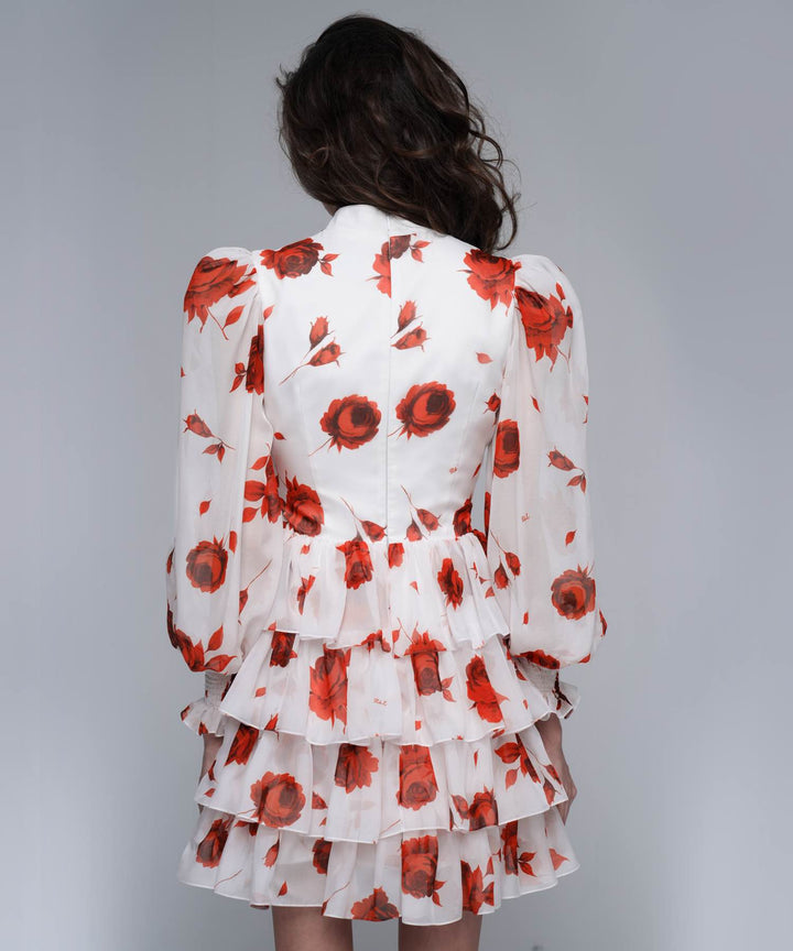 VALERIE MINI, MINI DRESS MADE OF IVORY CHIFFON WITH RED FLOWERS