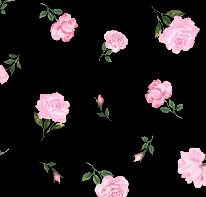 MONA, MINI SKIRT BLACK WITH PINK ROSE PRINT