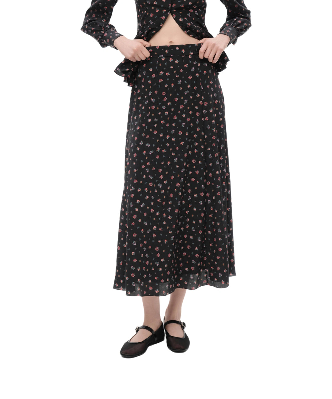 OLIVIA, BLACK CREPE DE CHINE MIDI SKIRT WITH SMALL RED FLOWERS