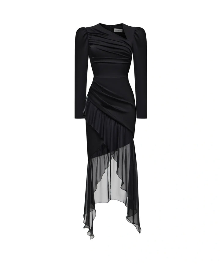 ORLENE, BLACK RAYON AND CHIFFON MIDI DRESS