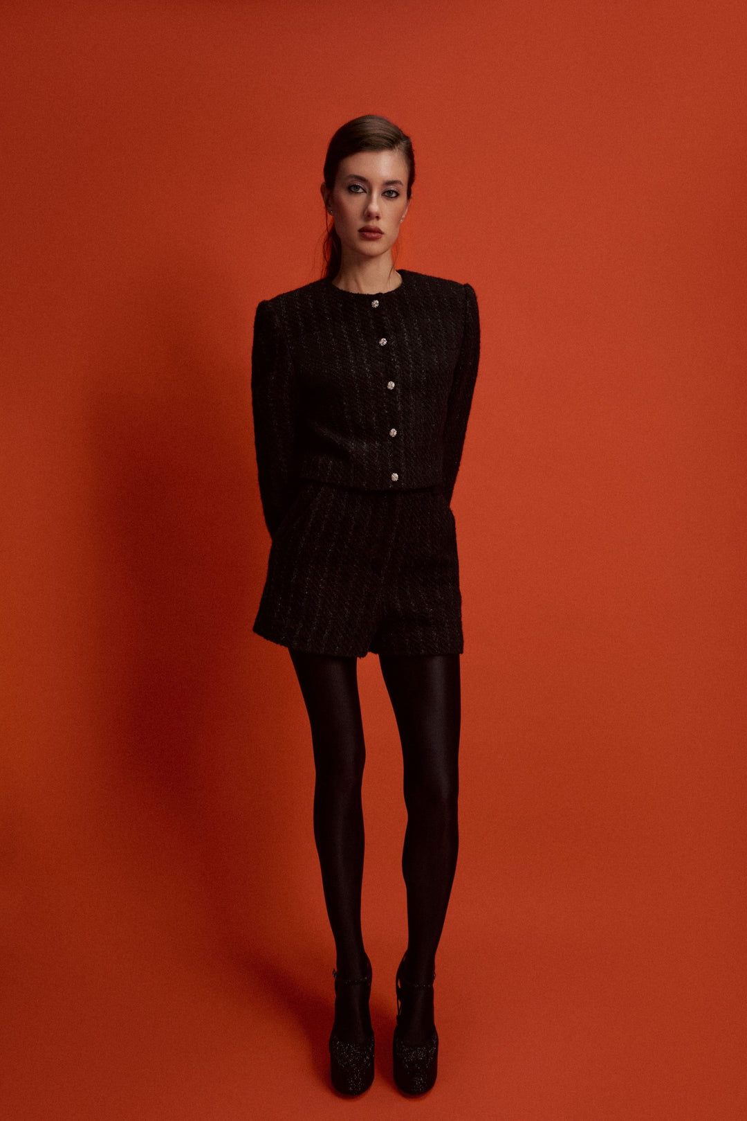Pionella, straight tweed blazer with lurex