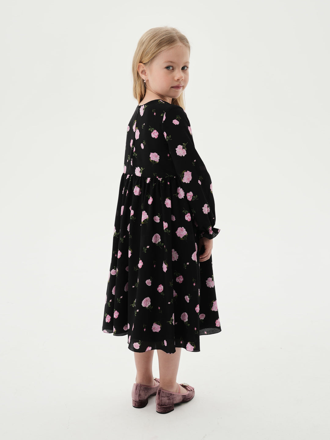 EVA, CHILDREN’S DRESS BLACK WITH PINK ROSE PRINT