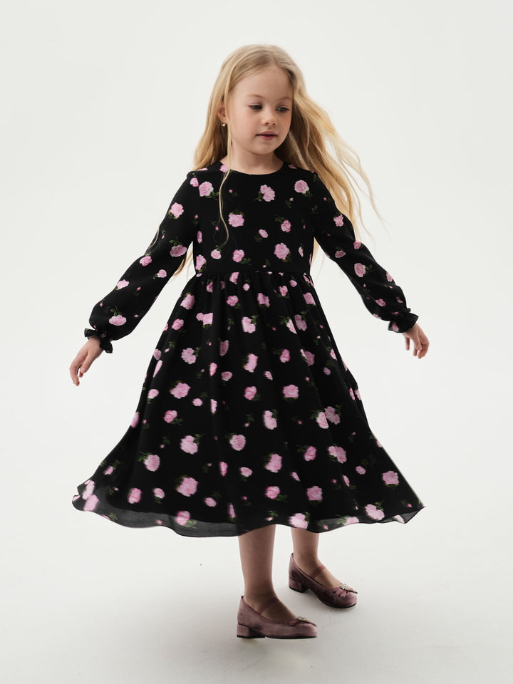 EVA, CHILDREN’S DRESS BLACK WITH PINK ROSE PRINT