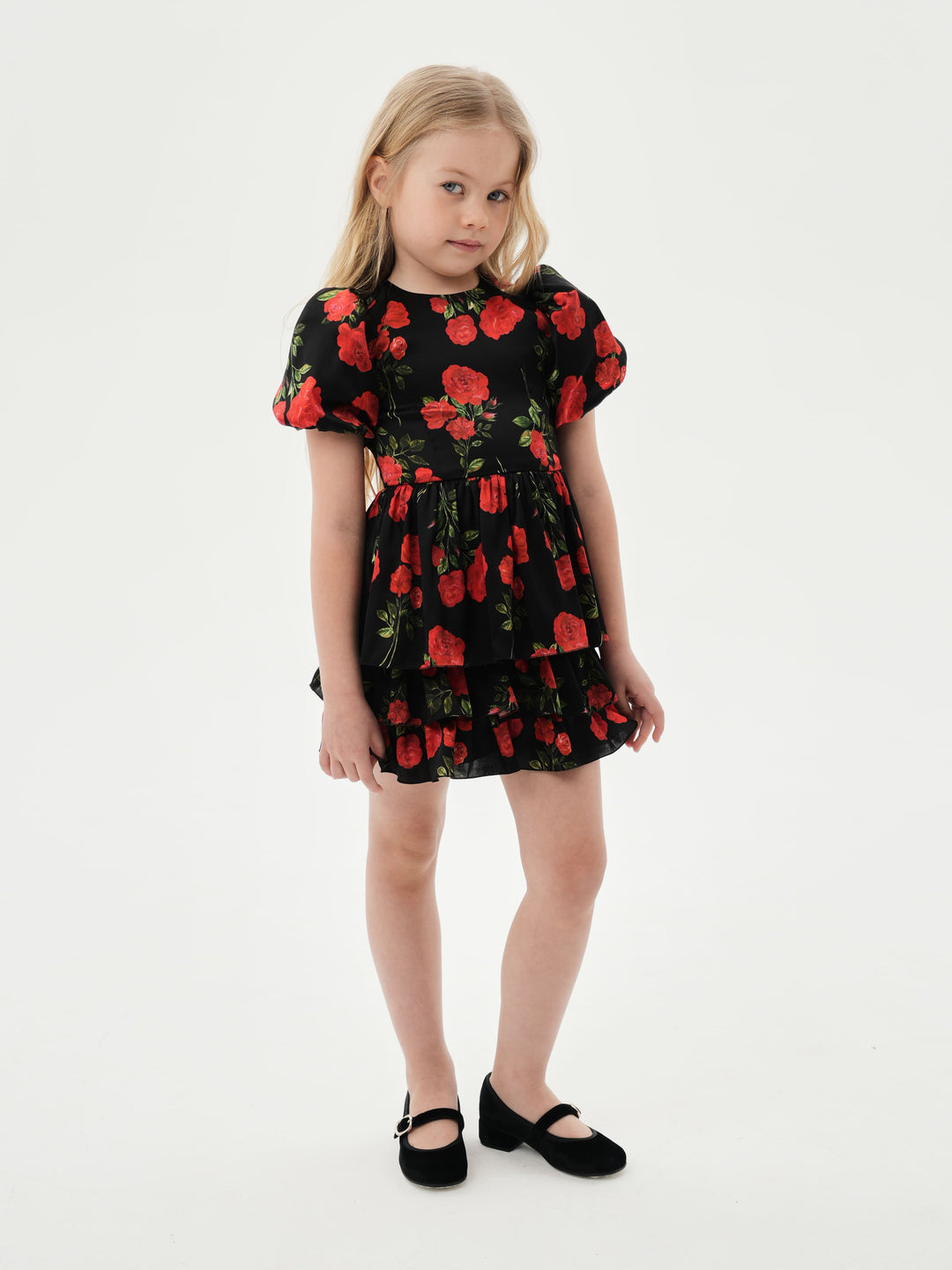 FIFI, CHILDREN’S DRESS BLACK WITH RED ROSE PRINT