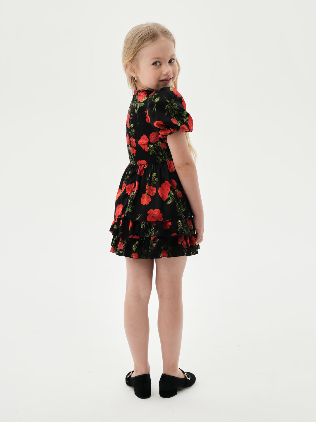 FIFI, CHILDREN’S DRESS BLACK WITH RED ROSE PRINT