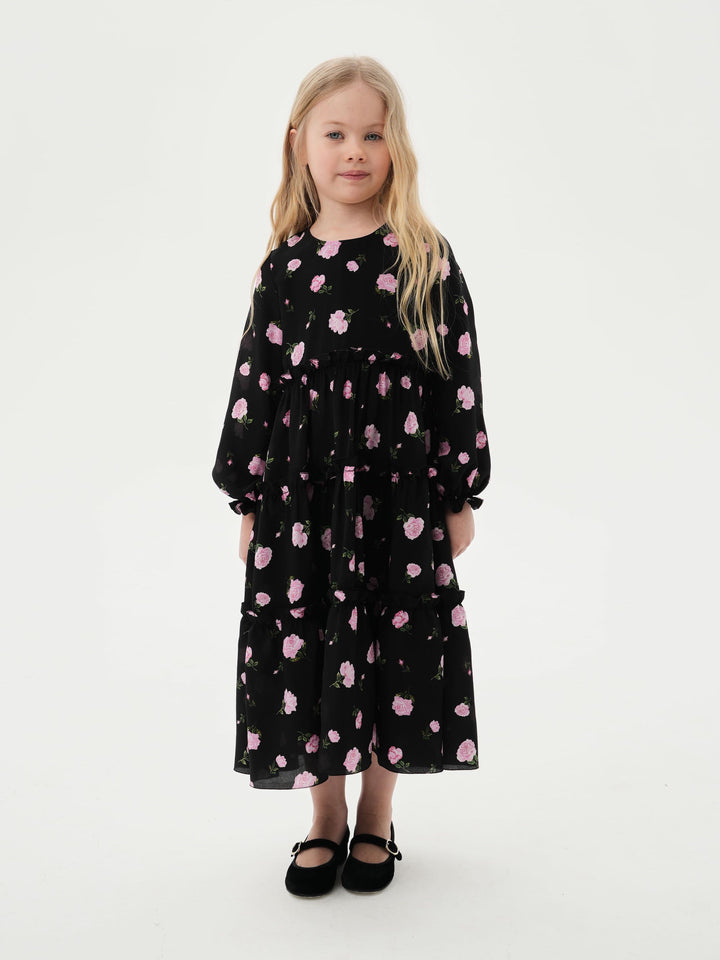 ALISA, CHILDREN’S DRESS BLACK WITH PINK ROSE PRINT