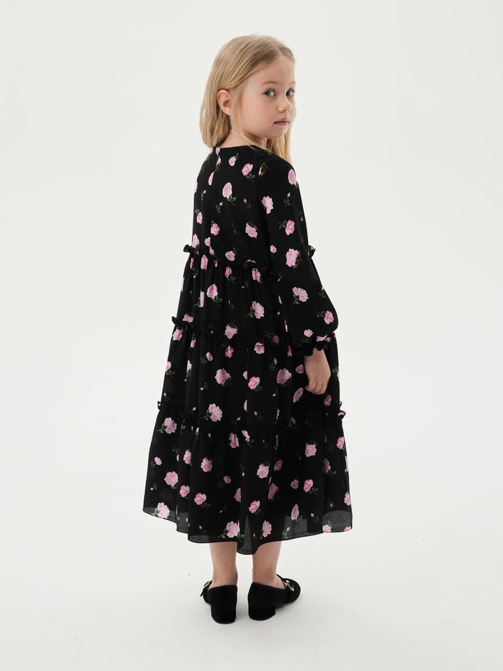 ALISA, CHILDREN’S DRESS BLACK WITH PINK ROSE PRINT