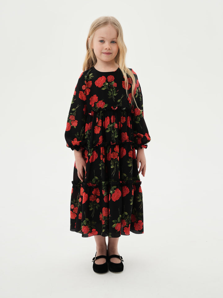 ALISA, CHILDREN’S DRESS BLACK WITH RED ROSE PRINT