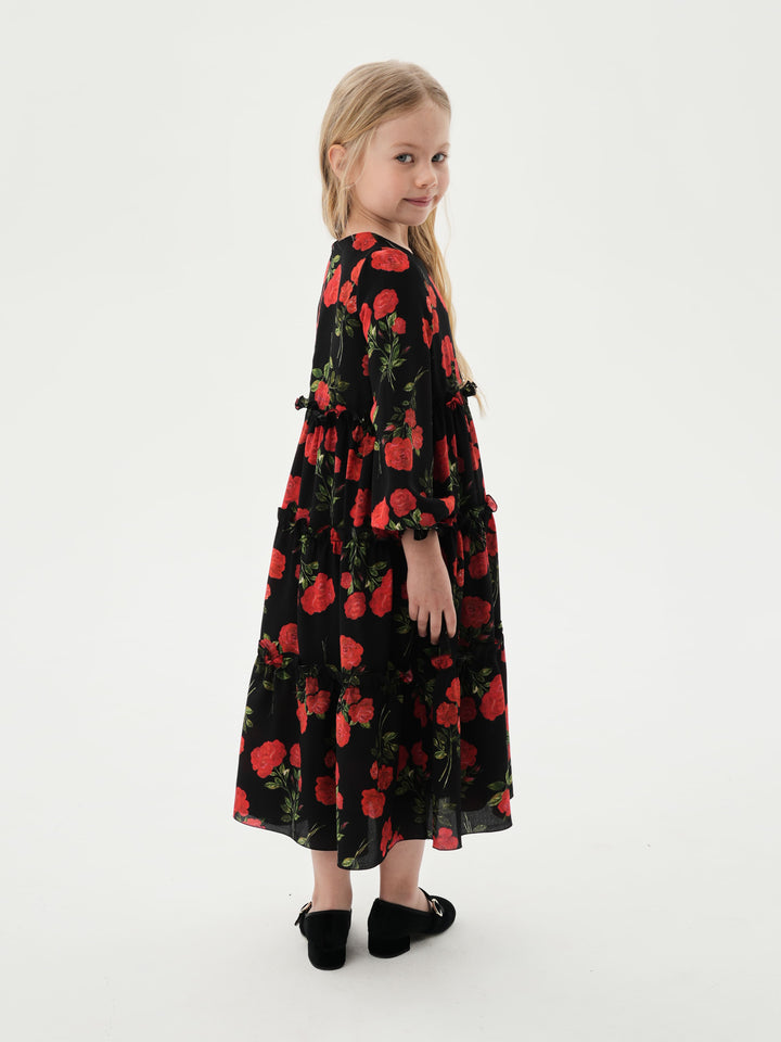 ALISA, CHILDREN’S DRESS BLACK WITH RED ROSE PRINT