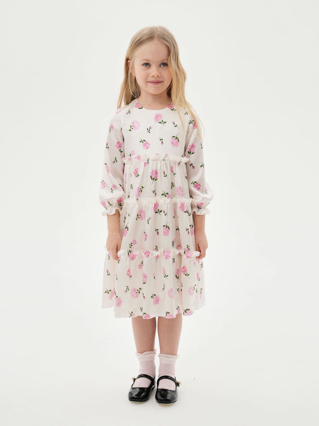 ALISA, CHILDREN’S DRESS MILKY WITH PINK ROSE PRINT