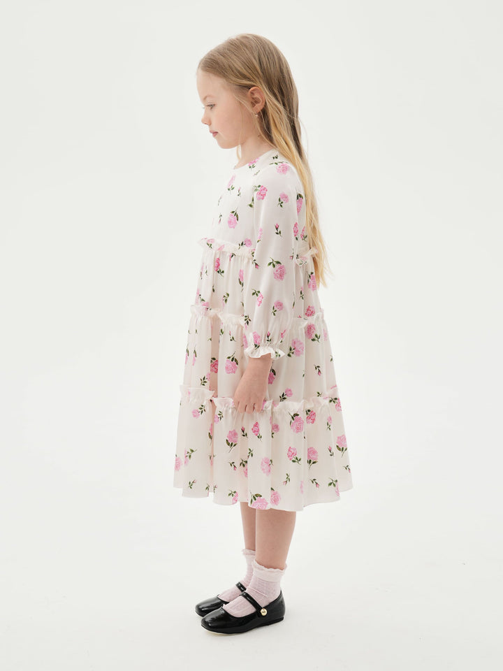 ALISA, CHILDREN’S DRESS MILKY WITH PINK ROSE PRINT