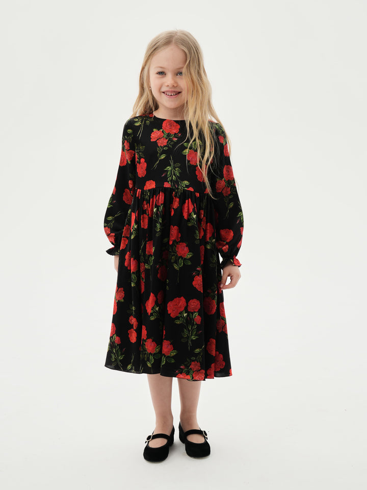 EVA, CHILDREN’S DRESS BLACK WITH RED ROSE PRINT