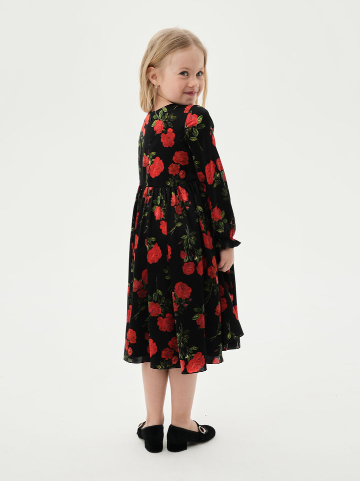 EVA, CHILDREN’S DRESS BLACK WITH RED ROSE PRINT