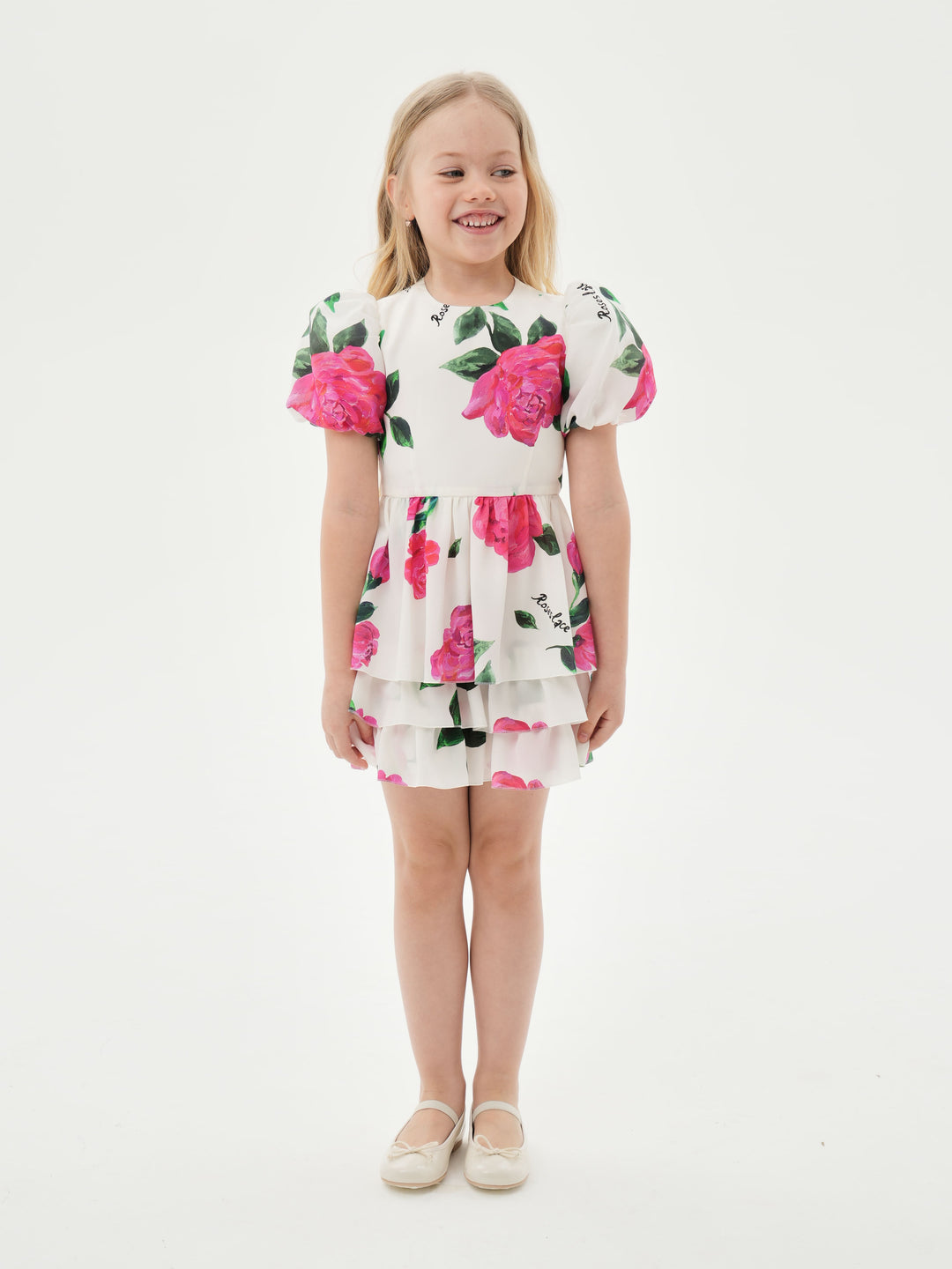 FIFI, CHILDREN’S DRESS MILKY WITH CRIMSON ROSE PRINT