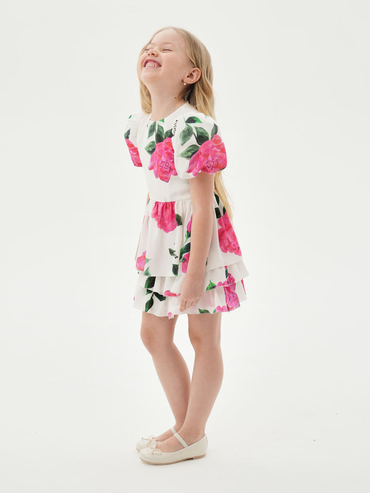 FIFI, CHILDREN’S DRESS MILKY WITH CRIMSON ROSE PRINT