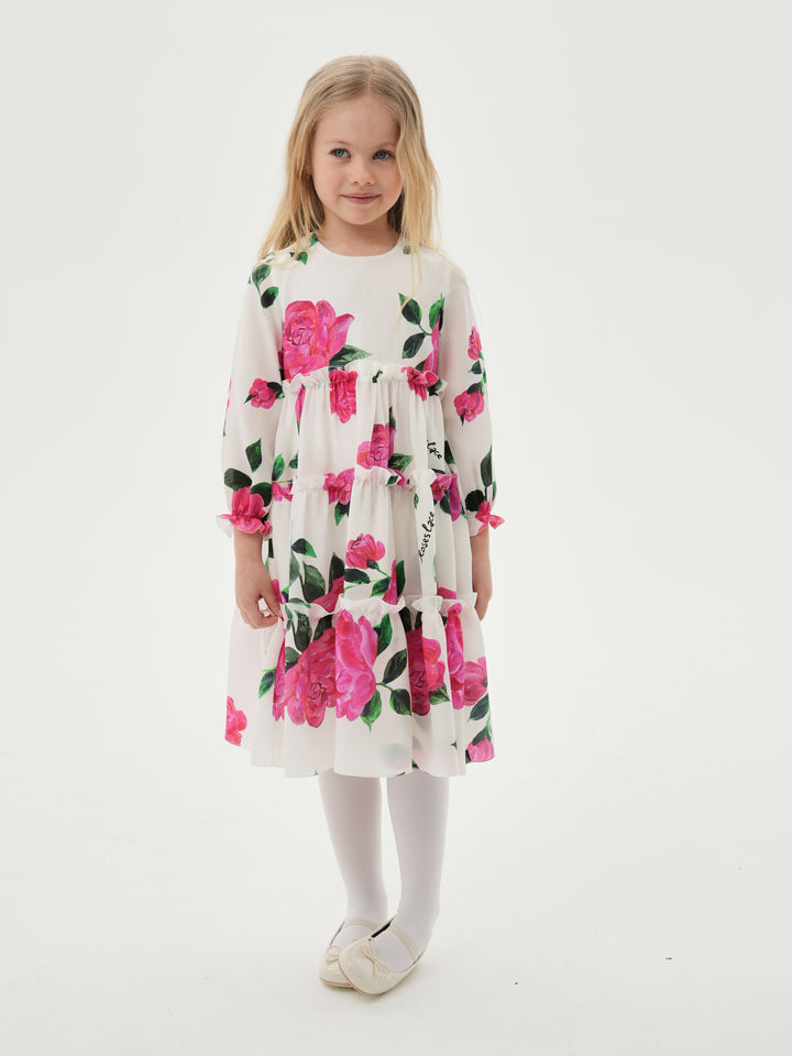 EVA, CHILDREN’S DRESS MILKY WITH CRIMSON ROSE PRINT