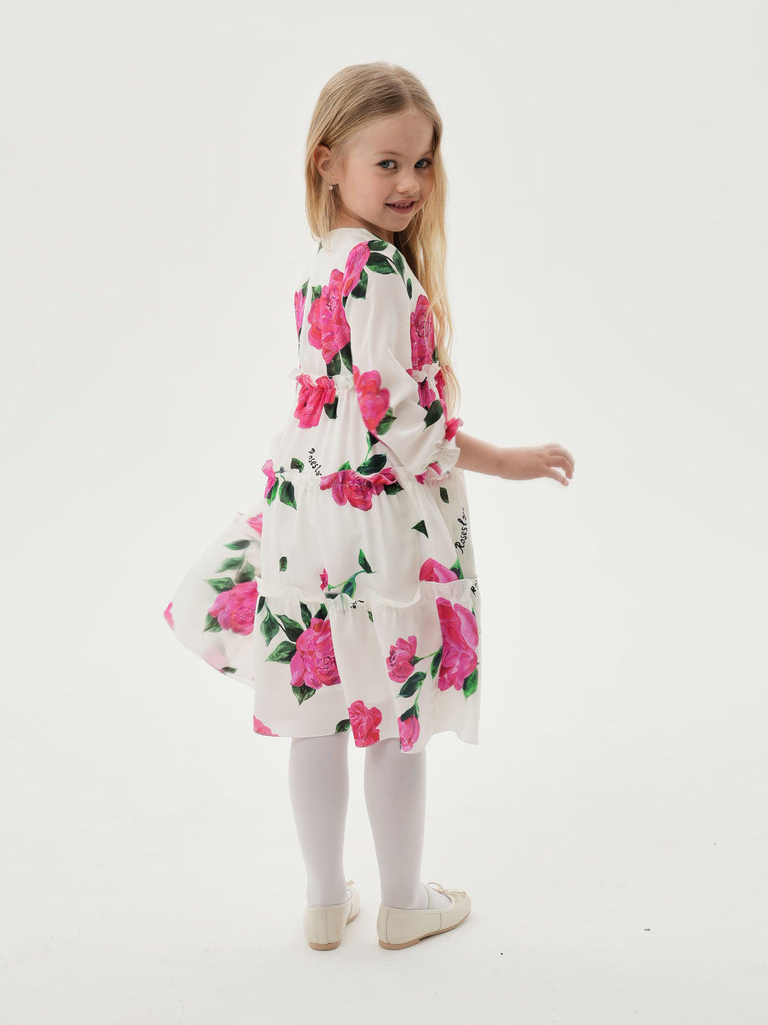 EVA, CHILDREN’S DRESS MILKY WITH CRIMSON ROSE PRINT