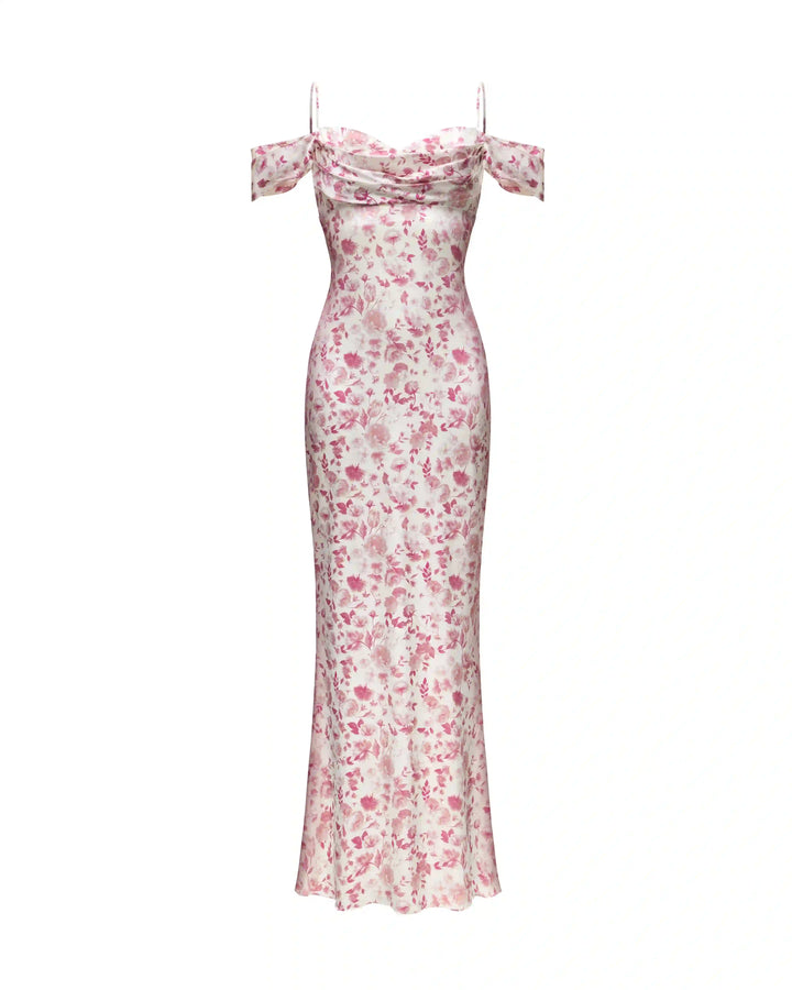 Marlen sleeveless, maxi dress made of ivory satin with medium light pink flowers