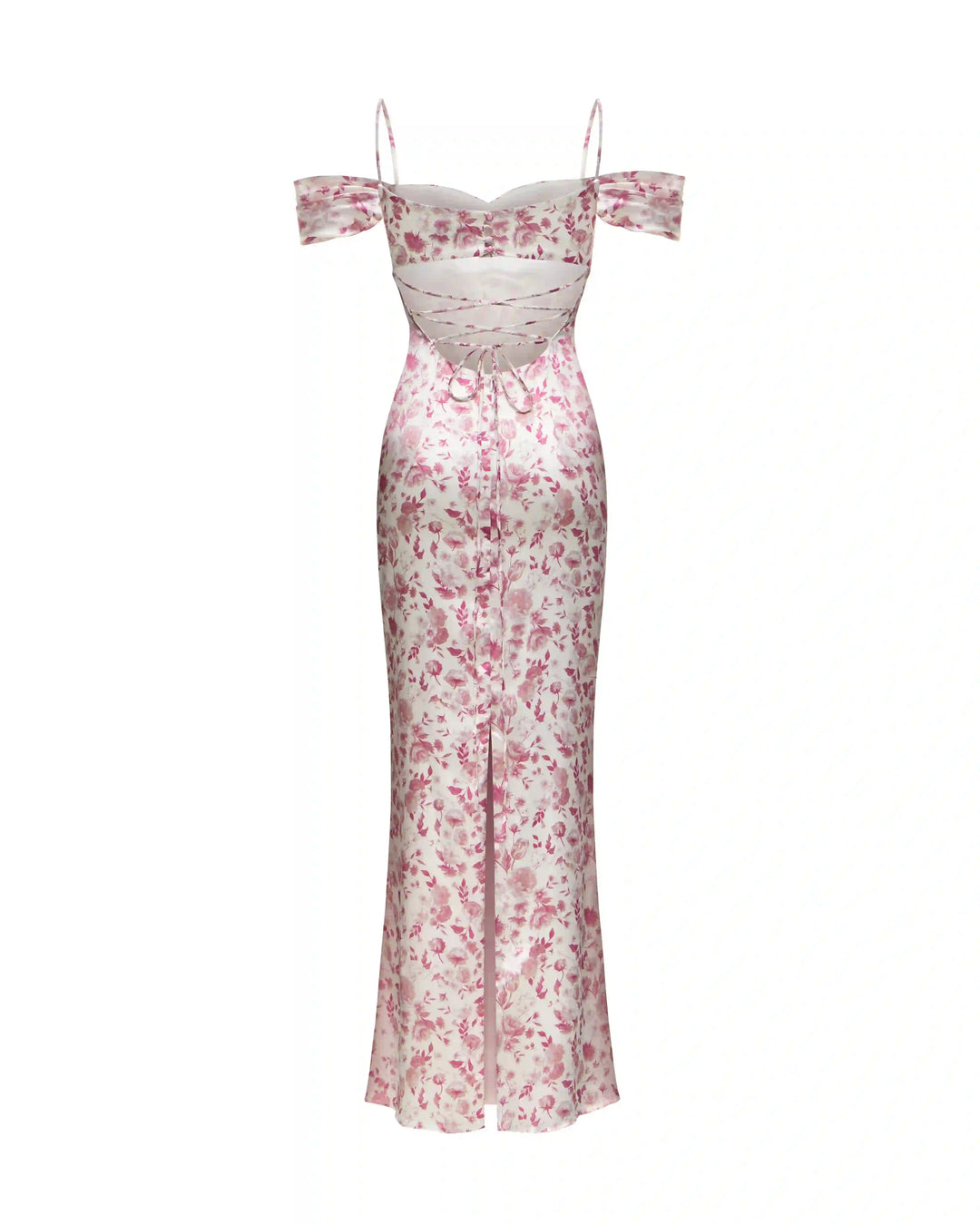 Marlen sleeveless, maxi dress made of ivory satin with medium light pink flowers