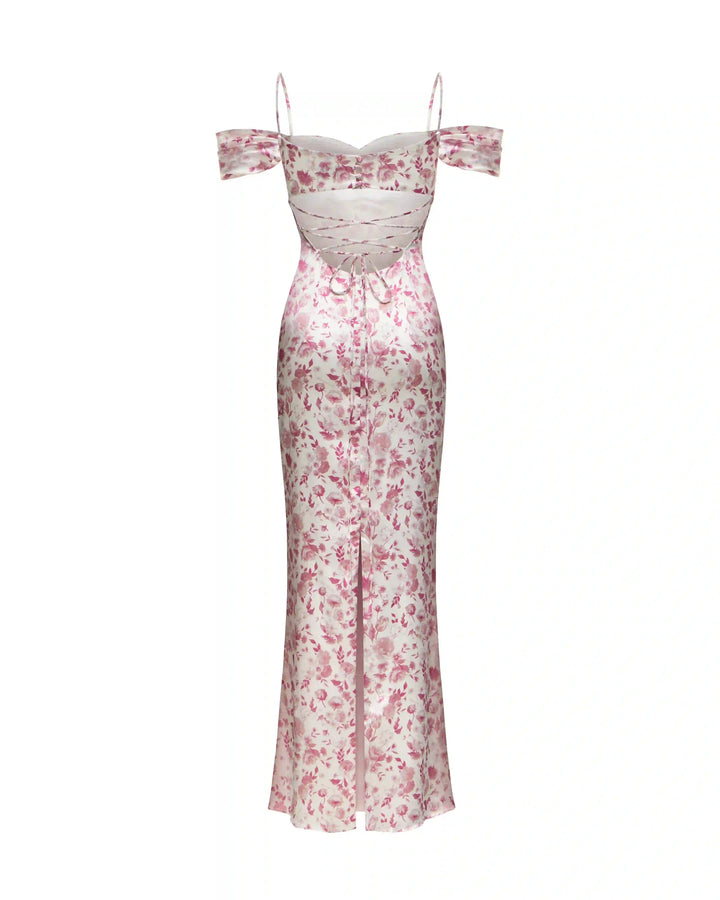 Marlen sleeveless, maxi dress made of ivory satin with medium light pink flowers