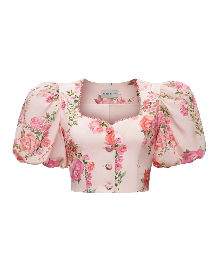 Chanelle, cropped jacket with puff sleeves, light pink with medium pink flowers