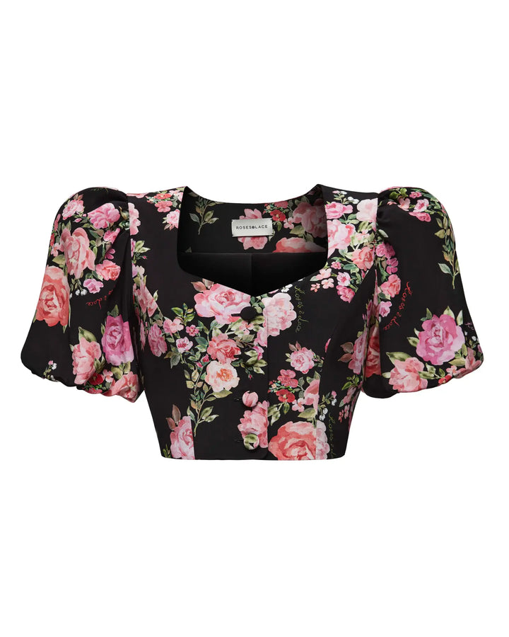 Chanelle, cropped jacket with puff sleeves, black with medium pink flowers