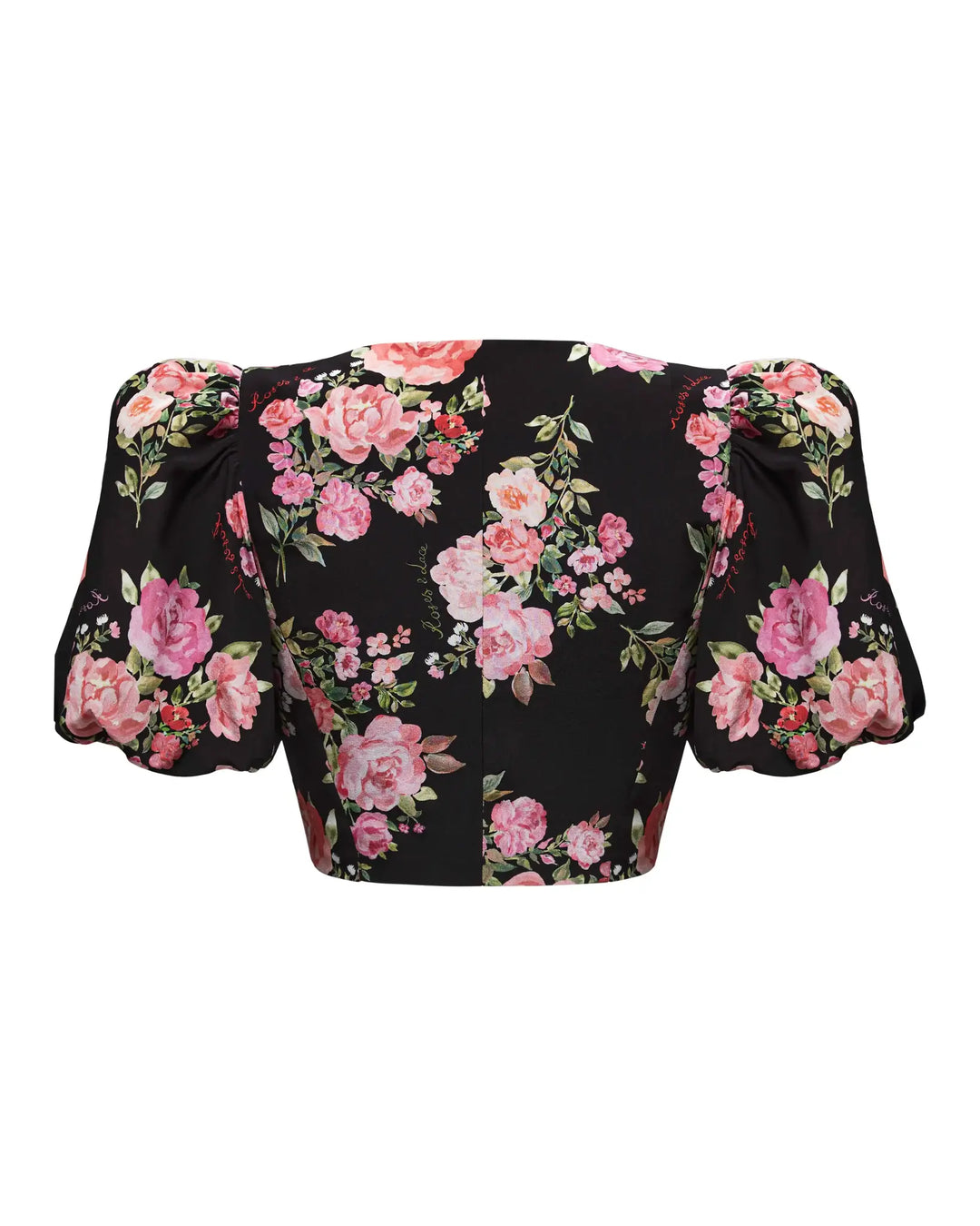 Chanelle, cropped jacket with puff sleeves, black with medium pink flowers
