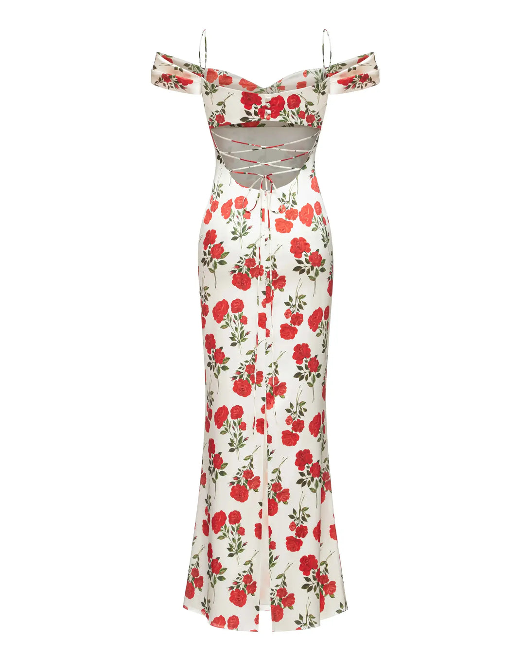 Marlen, an milk white maxi dress with short sleeves, adorned with medium-sized red flowers