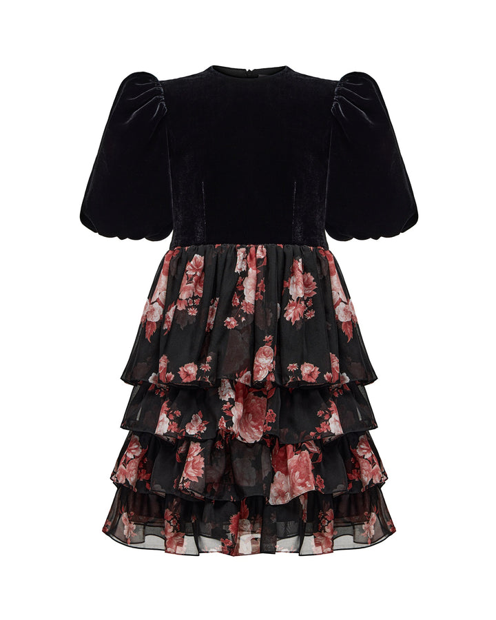 FIFI, BLACK CHIFFON CHILDREN DRESS WITH BURGUNDY FLOWERS