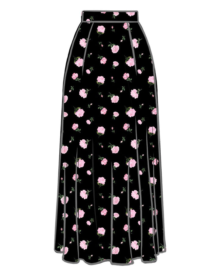 OLIVIA, BLACK COTTON SKIRT WITH LIGHT PINK ROSES