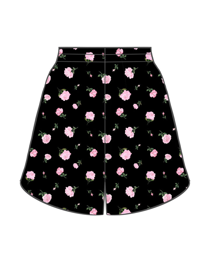 ROSSALINA, COTTON MINI SHORTS, BLACK WITH PINK FLOWERS