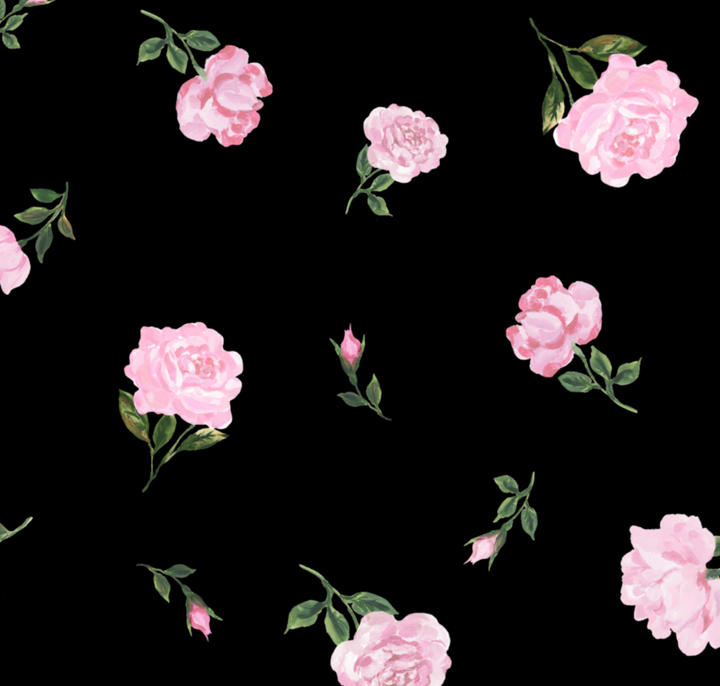 OLIVIA, BLACK COTTON SKIRT WITH LIGHT PINK ROSES