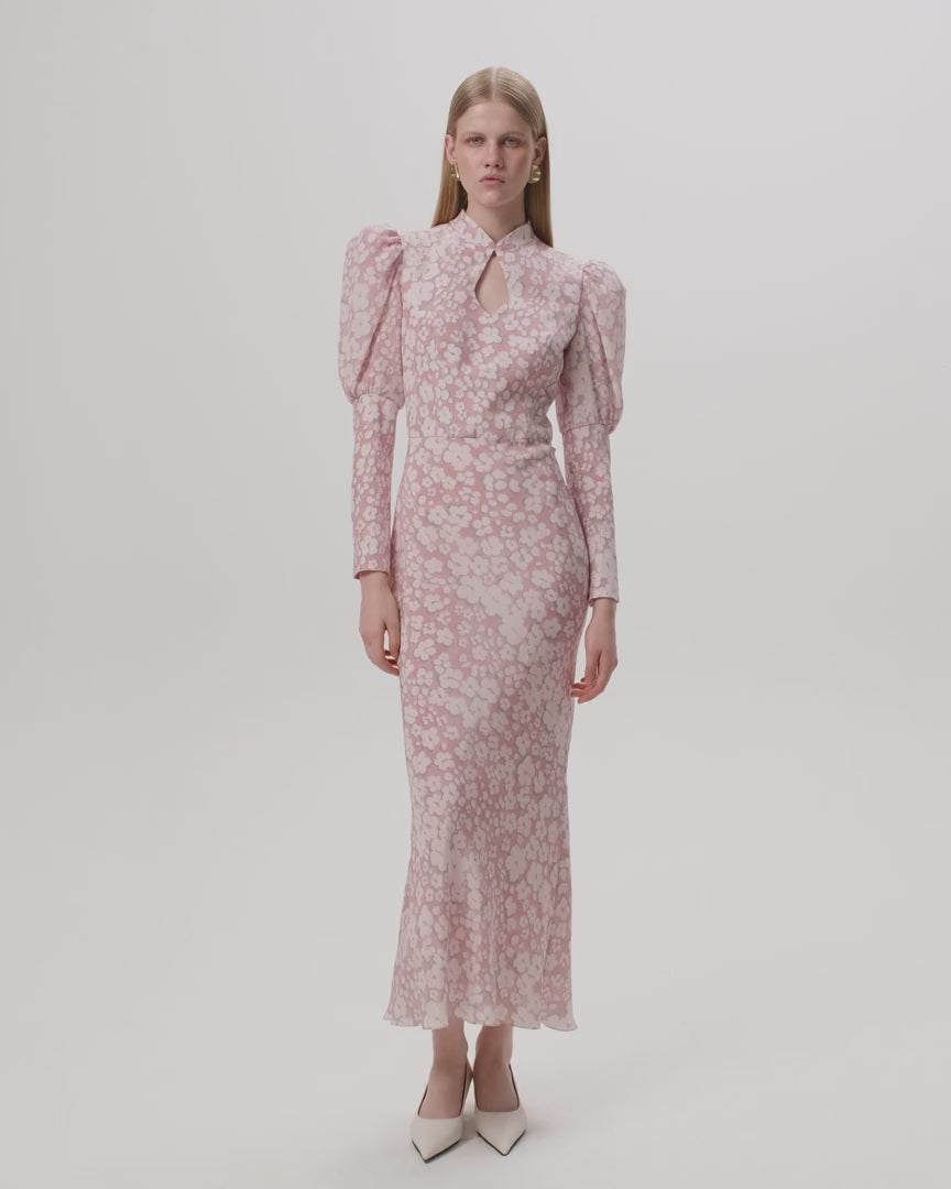 GIANNETTA, PINK CREPE DE CHINE MIDI DRESS WITH MEDIUM MILKY FLOWERS