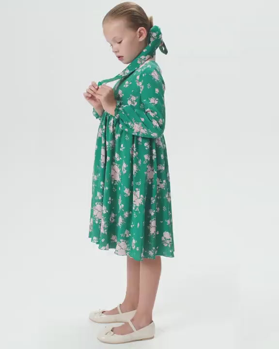 EVA, CHILDREN DRESS GREEN CREPE DE CHINE WITH MEDIUM LIGHT PINK FLOWERS