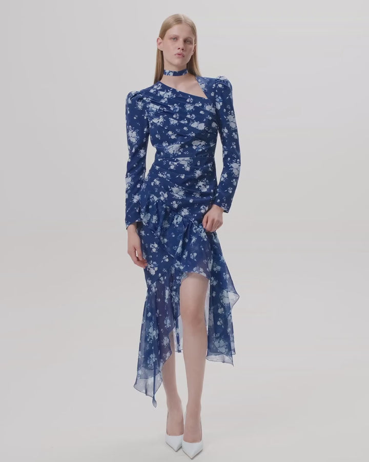 ORLENE, BLUE CREPE DE CHINE AND CHIFFON MIDI DRESS WITH MEDIUM BLUE FLOWERS