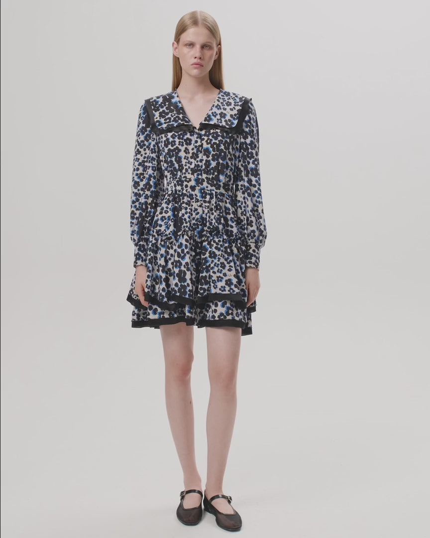 AUSTRA, MILKY CREPE DE CHINE MINI DRESS WITH MEDIUM BLACK FLOWERS