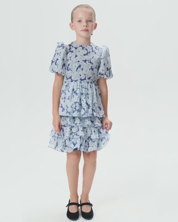 FIFI, CHILDREN DRESS BLUE CHIFFON WITH MEDIUM LIGHT BLUE FLOWERS