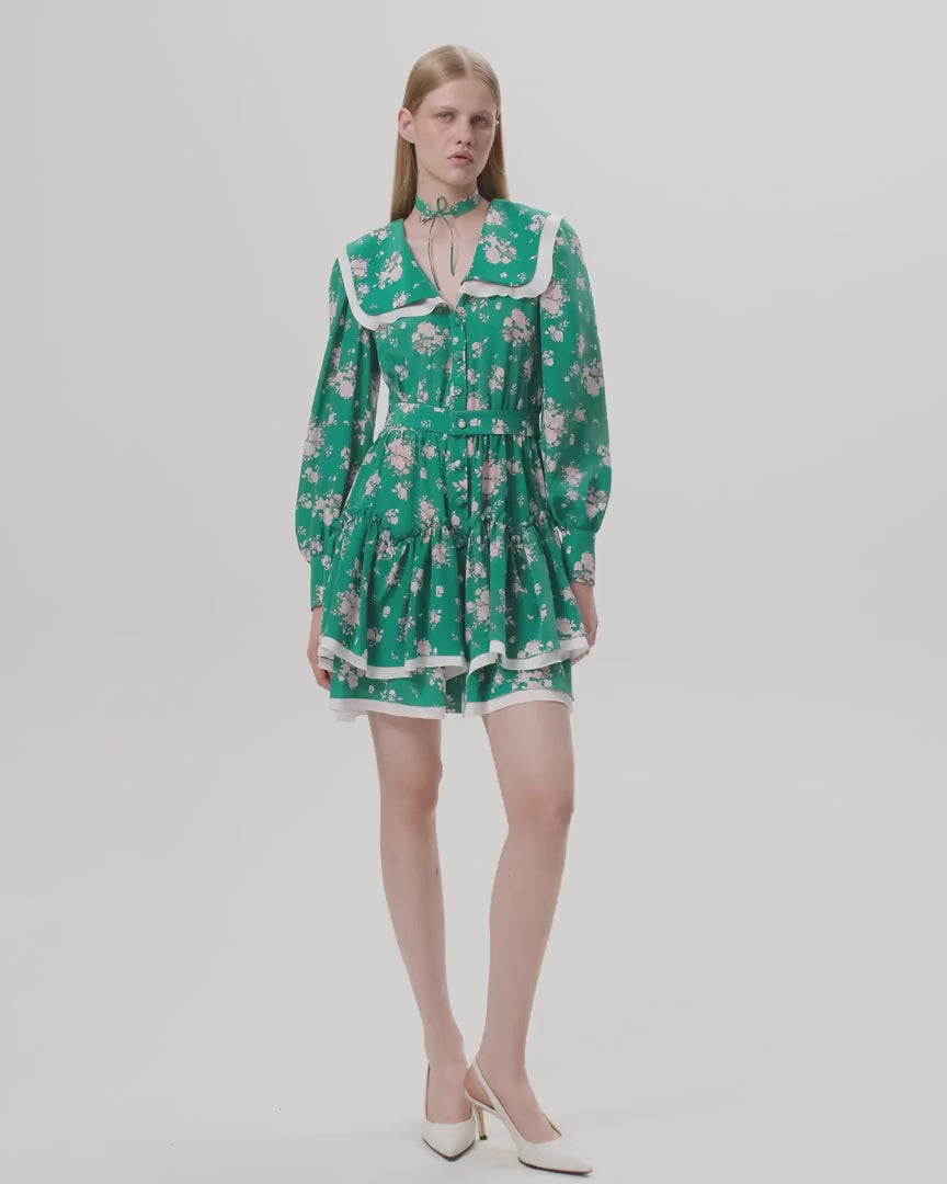 AUSTRA, GREEN CREPE DE CHINE MINI DRESS WITH MEDIUM LIGHT PINK FLOWERS