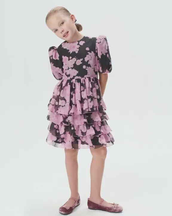 FIFI, CHILDREN DRESS BLACK CHIFFON WITH PINK FLOWERS