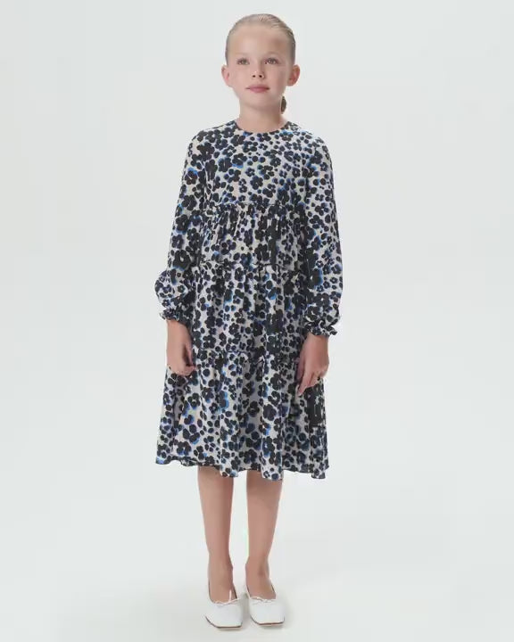 ALISA, CHILDREN DRESS MILKY CREPE DE CHINE WITH MEDIUM BLACK FLOWERS