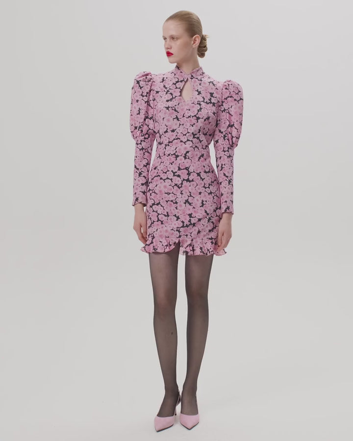 GIANNETTA MINI, BLACK CREPE DE CHINE MINI DRESS WITH MEDIUM PINK FLOWERS