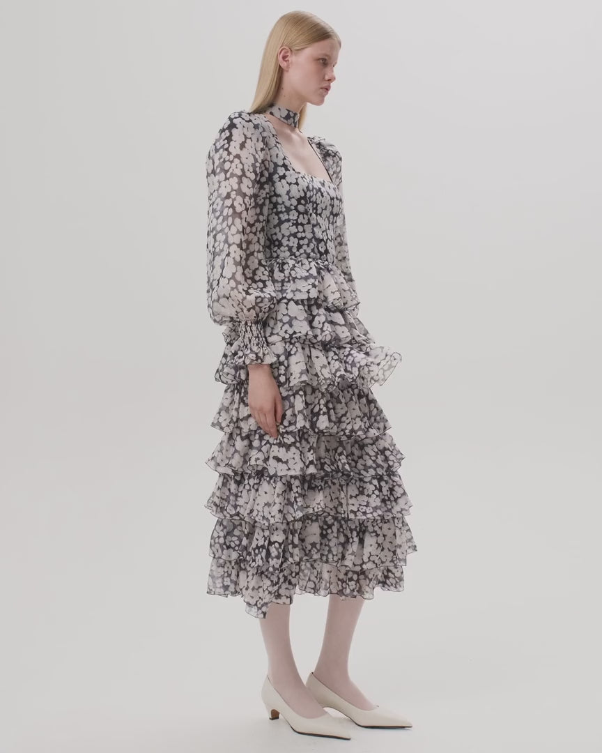 VALERIE MIDI, BLACK CHIFFON MIDI DRESS WITH MEDIUM MILKY FLOWERS