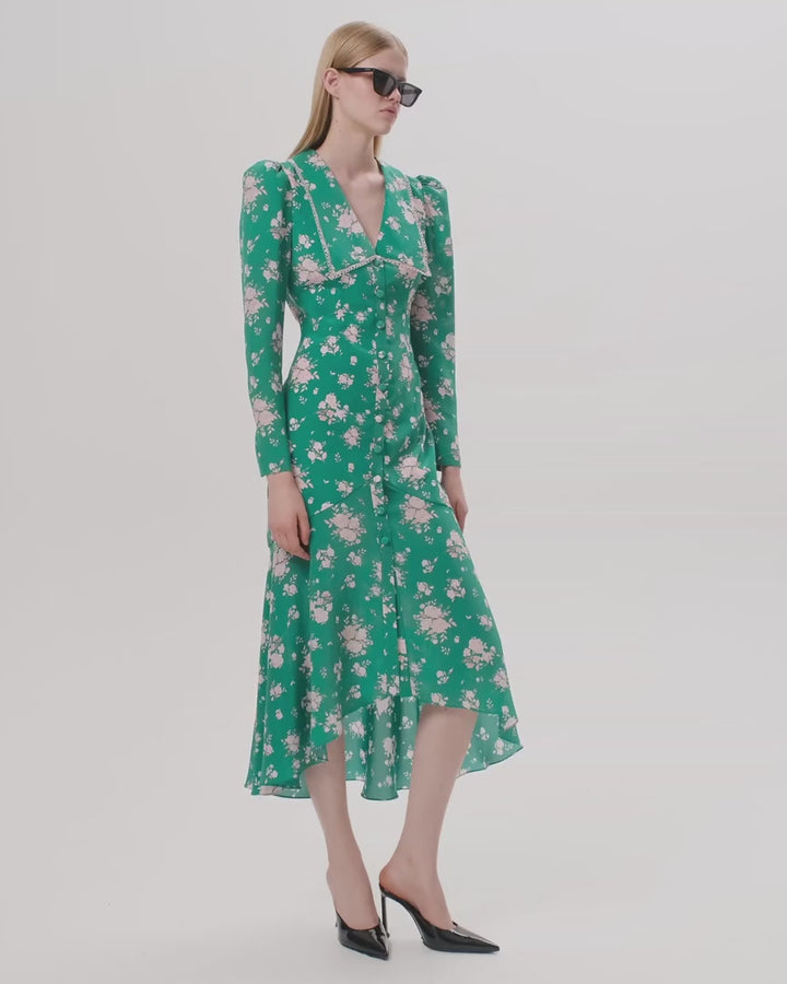 AUDRICE, GREEN CREPE DE CHINE MIDI DRESS WITH MEDIUM LIGHT PINK FLOWERS