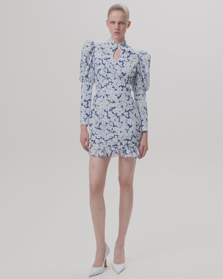 GIANNETTA MINI, BLUE CREPE DE CHINE MINI DRESS WITH MEDIUM LIGHT BLUE FLOWERS