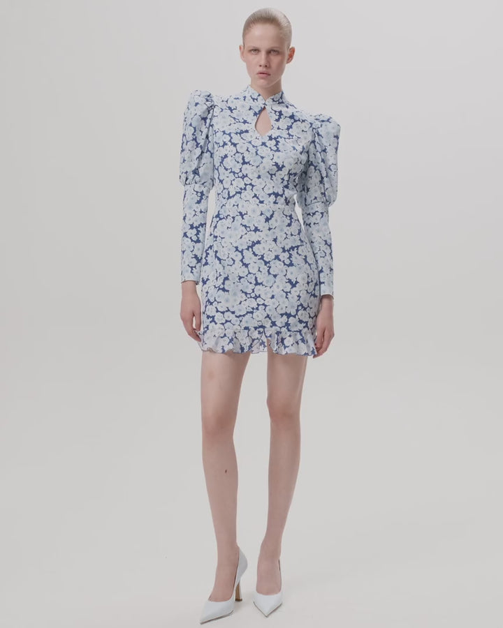 GIANNETTA MINI, BLUE CREPE DE CHINE MINI DRESS WITH MEDIUM LIGHT BLUE FLOWERS