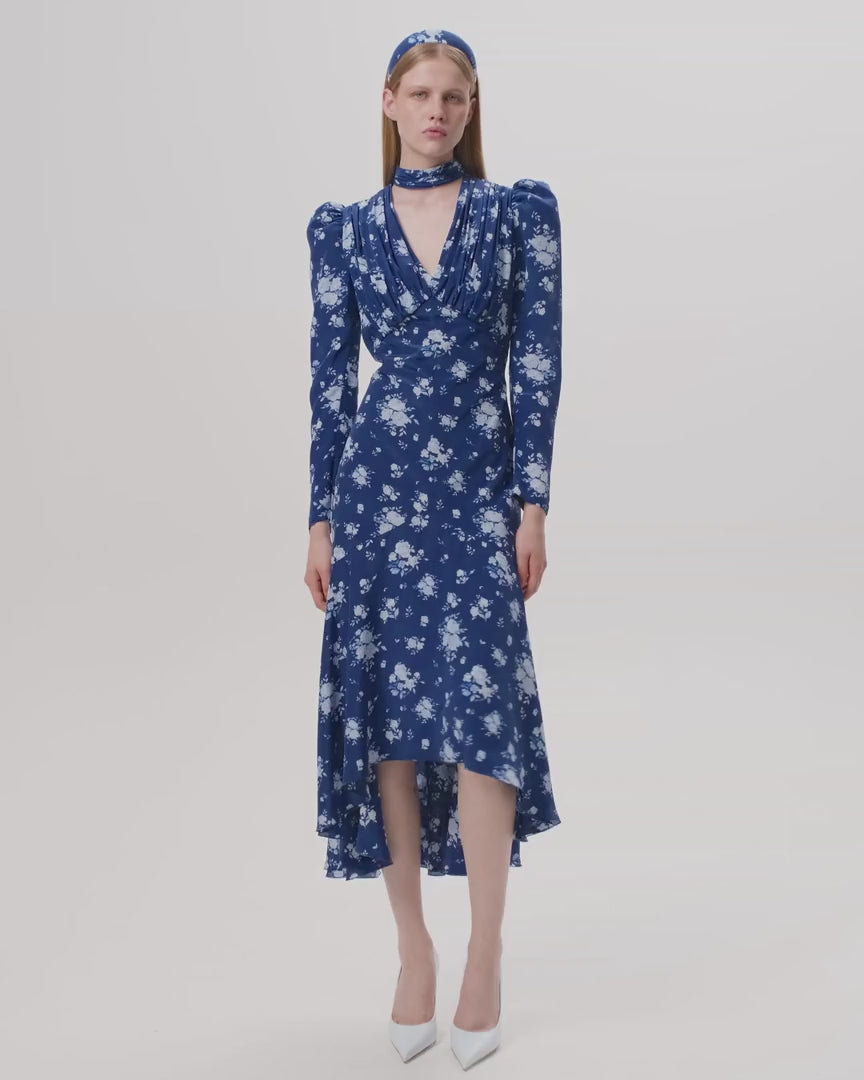 BEAH, BLUE CREPE DE CHINE MIDI DRESS WITH MEDIUM BLUE FLOWERS